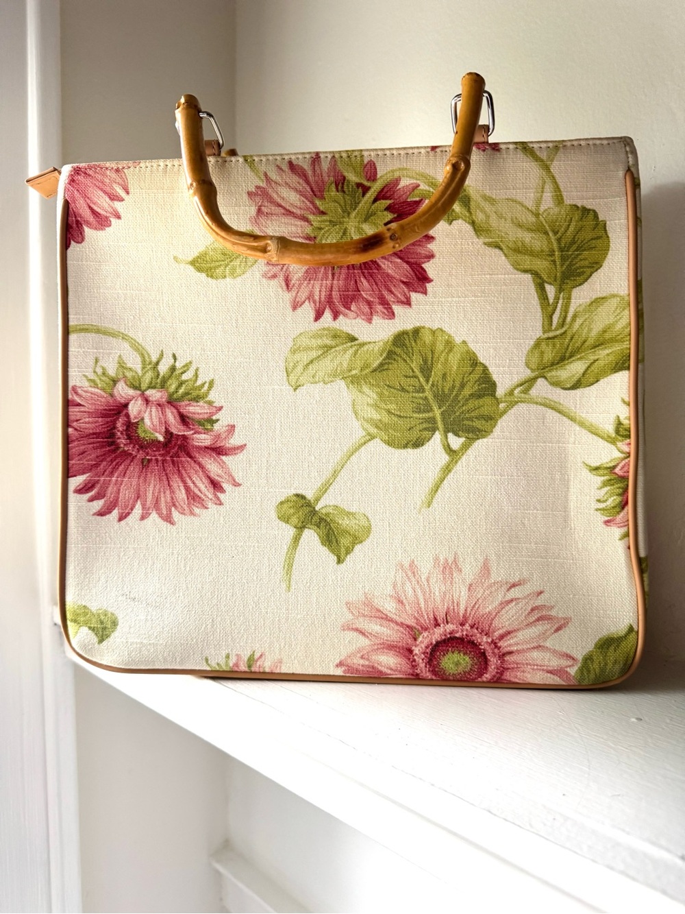 Floral Canvas Tote Bag with Bamboo Handles - Pink & Green